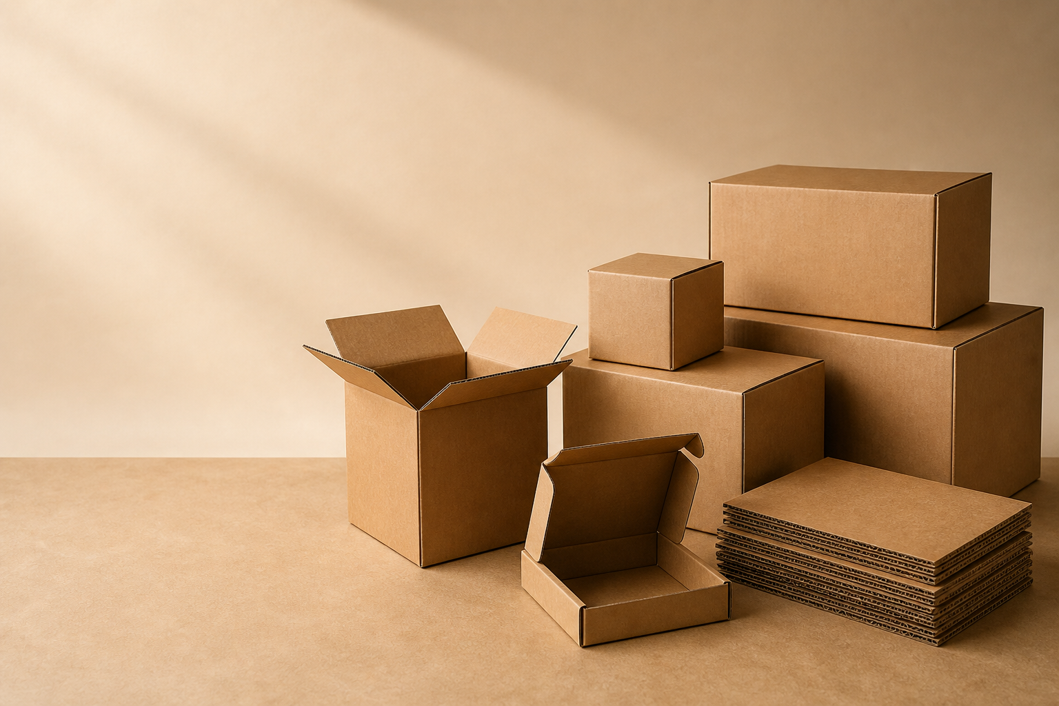 A selection of kraft corrugated shipping boxes, mailers, and flat corrugated sheets